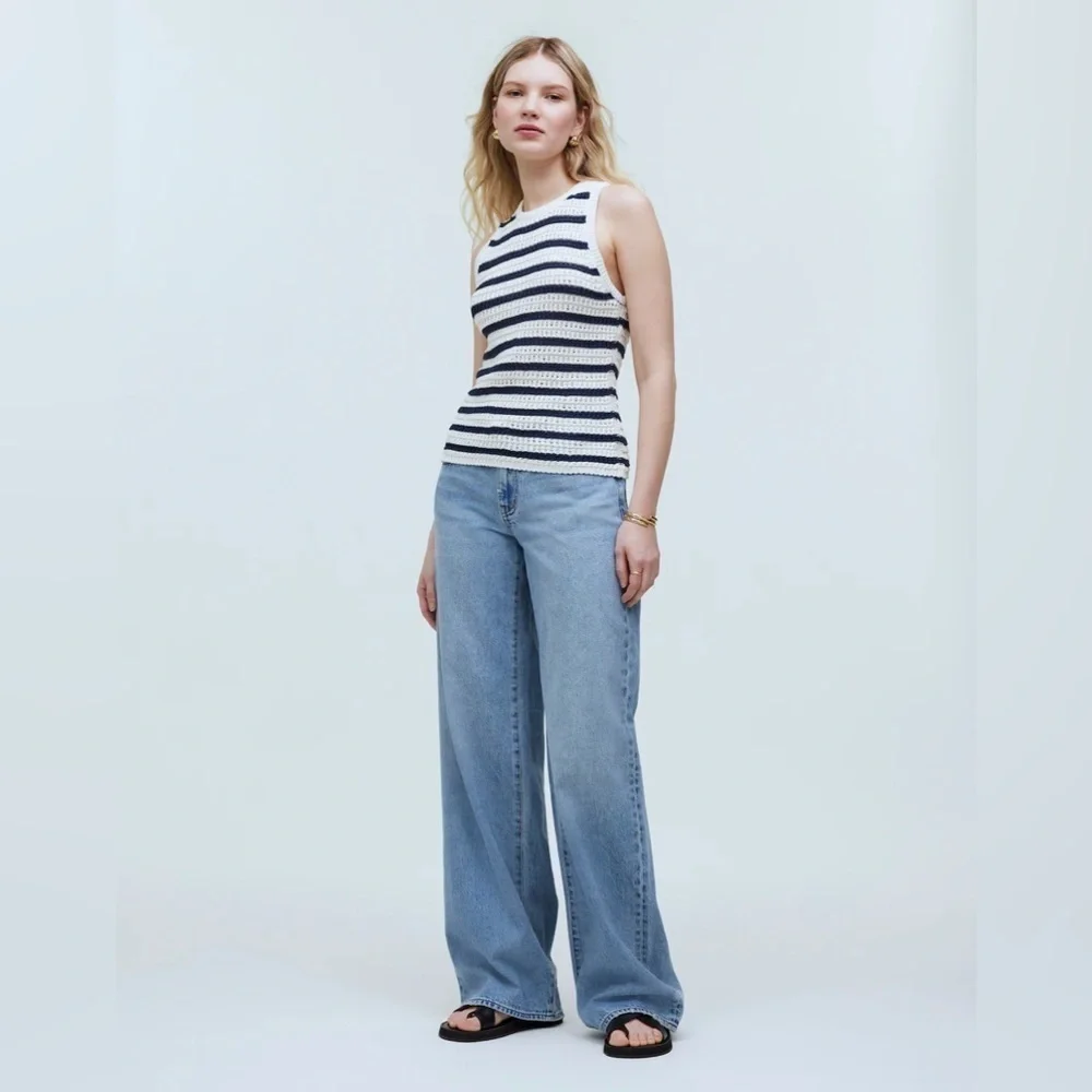 NWT Madewell Crochet-Knit Cotton Crewneck Sweater Tank in Navy Blue & Ivory, XS